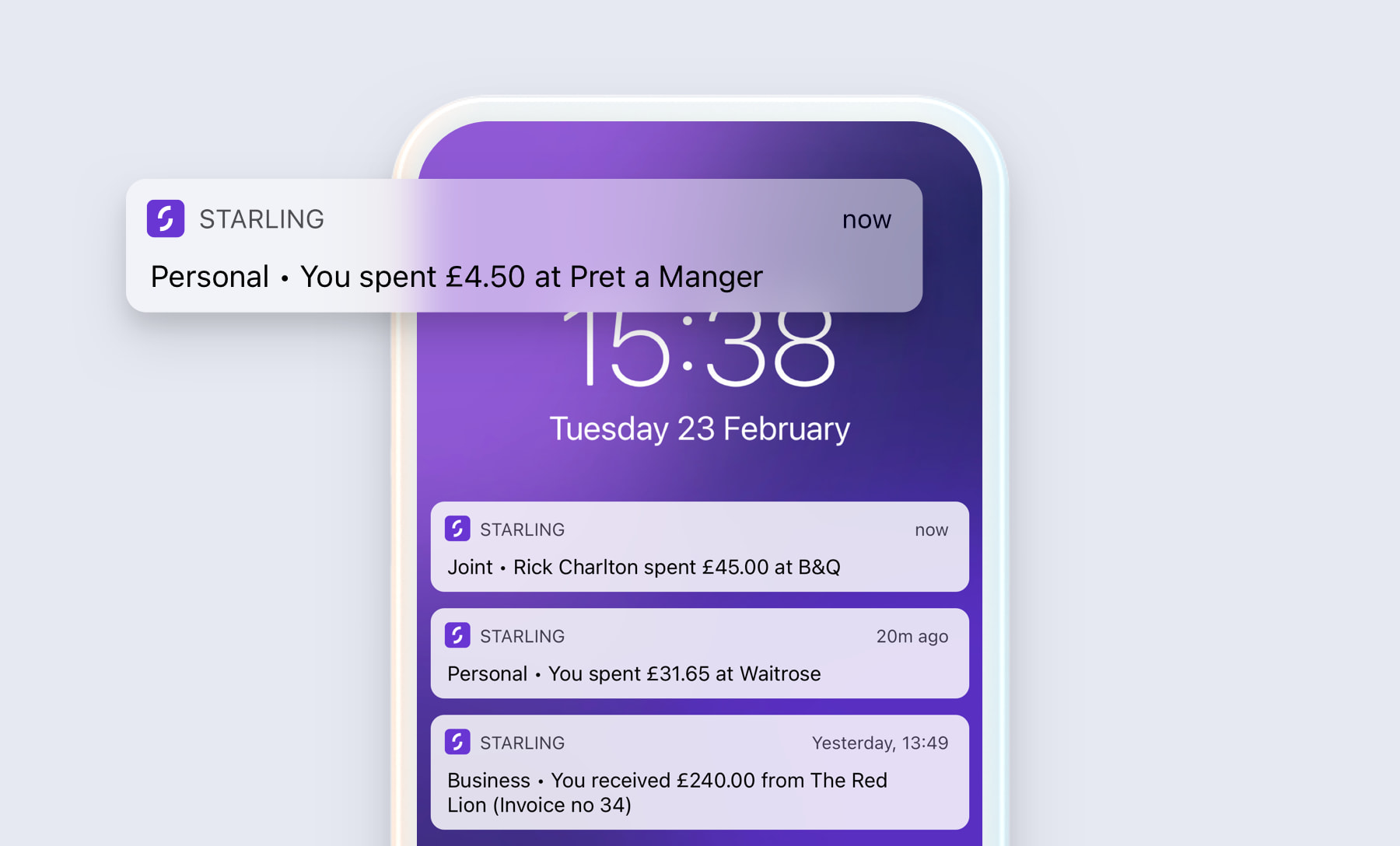 An iPhone home screen showing a series of notifications from the Starling app